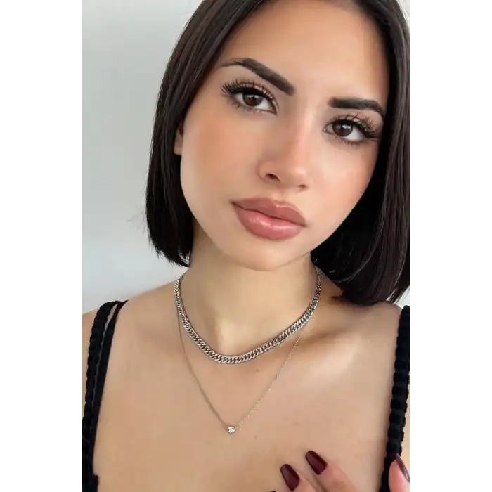 Gümüş Renk Zincir Detaylı İkili Kolye