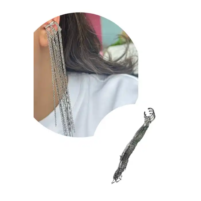 Gümüş Renk Zincir Detaylı Sallantılı Ear Cuff (Tek)
