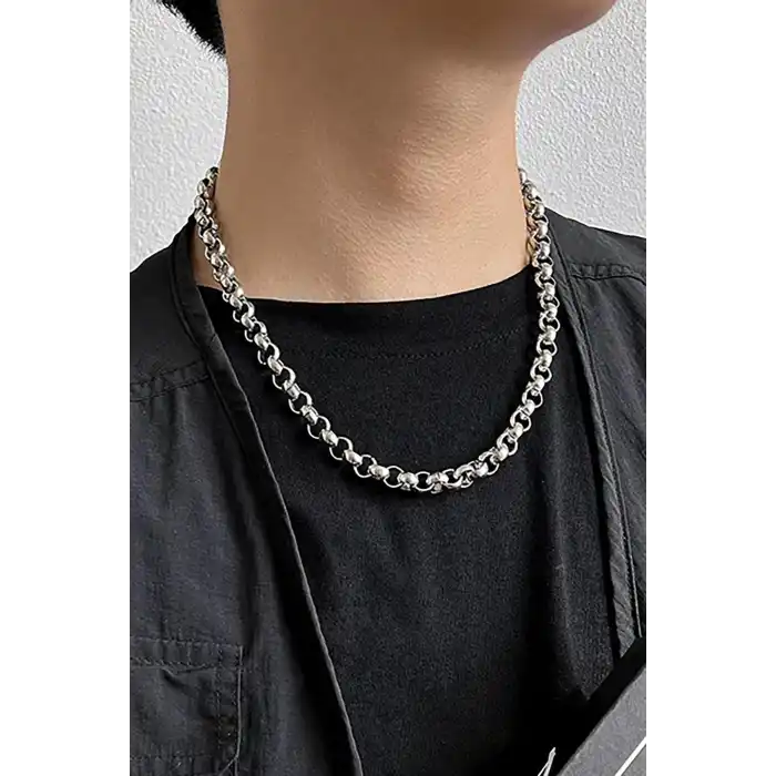 Gümüş Renk Zincir Detaylı Unisex Çelik Kolye