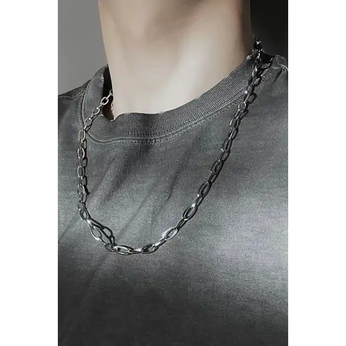 Gümüş Renk Zincir Detaylı Unisex Çelik Kolye