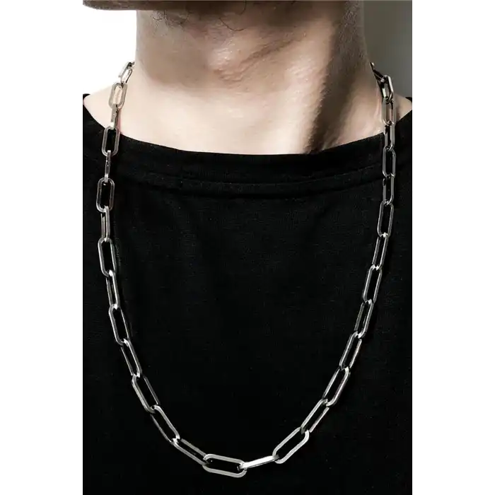 Gümüş Renk Zincir Detaylı Unisex Çelik Kolye