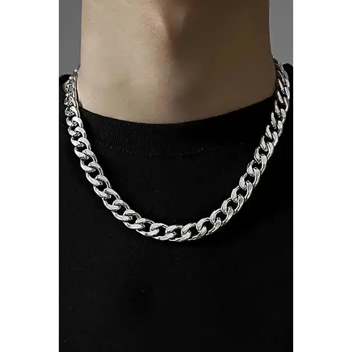 Gümüş Renk Zincir Detaylı Unisex Çelik Kolye