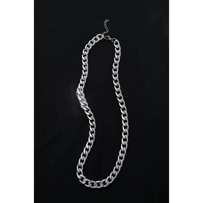 Gümüş Renk Zincir Detaylı Unisex Çelik Kolye