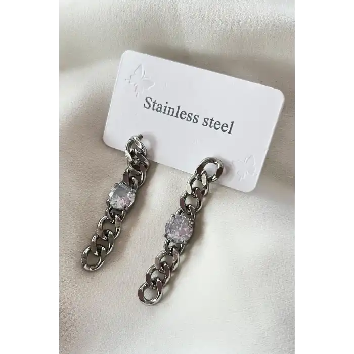 Gümüş Renk Zincir Figürlü Taş Detaylı Çelik Küpe (Çift)