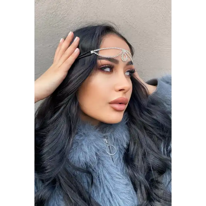 Gümüş Renk Alınlık, Kristal Taşlı Saç Aksesuarı, Gelin Tacı, Nişan Nikâh Kına Saç Aksesuarı