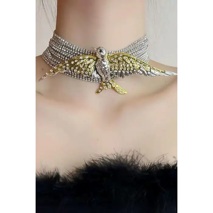 Gümüş Ve Altın Renk Anka Kuş Figürlü Taş Detaylı VİP Tasarım Kolye