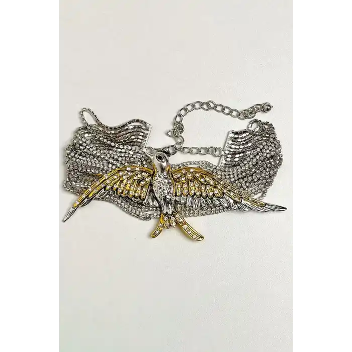 Gümüş Ve Altın Renk Anka Kuş Figürlü Taş Detaylı VİP Tasarım Kolye
