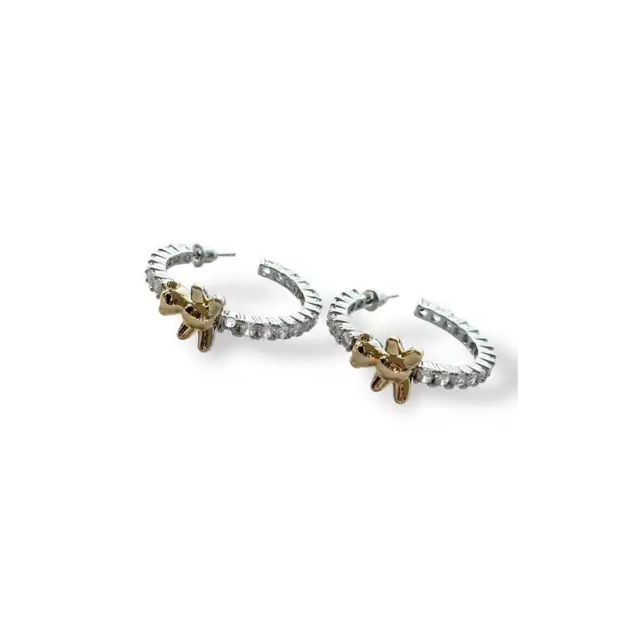 Gümüş Ve Altın Renk Ayıcık Figürlü Taş Detaylı Halka Küpe (Çift)