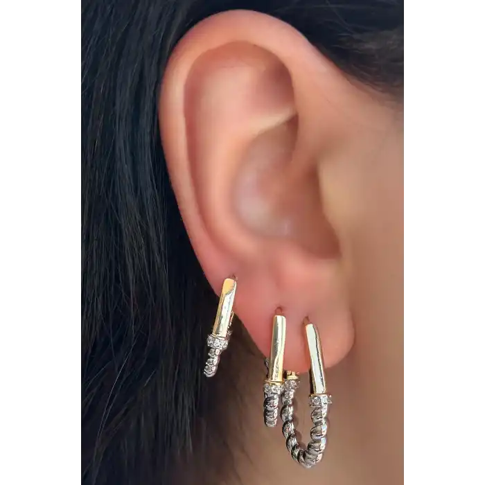 Gümüş Ve Altın Renk Burgu Detaylı 3lü YSX Küpe Set