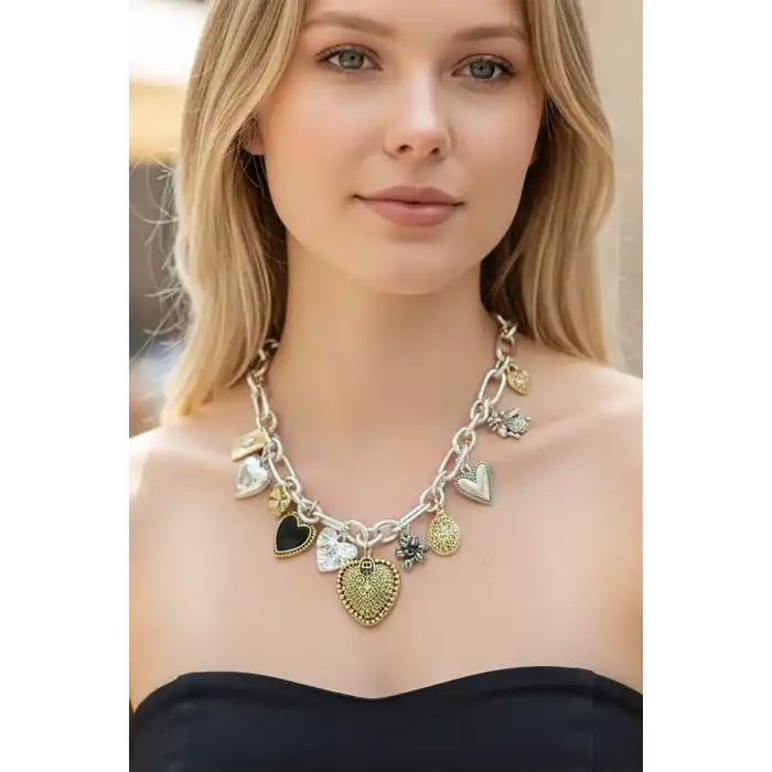 Gümüş Ve Altın Renk Charmlı Tasarım Kolye