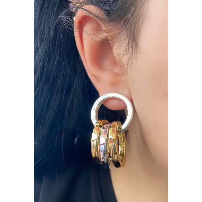 Gümüş Ve Altın Renk Halka Figürlü Sallantılı Küpe (Çift)