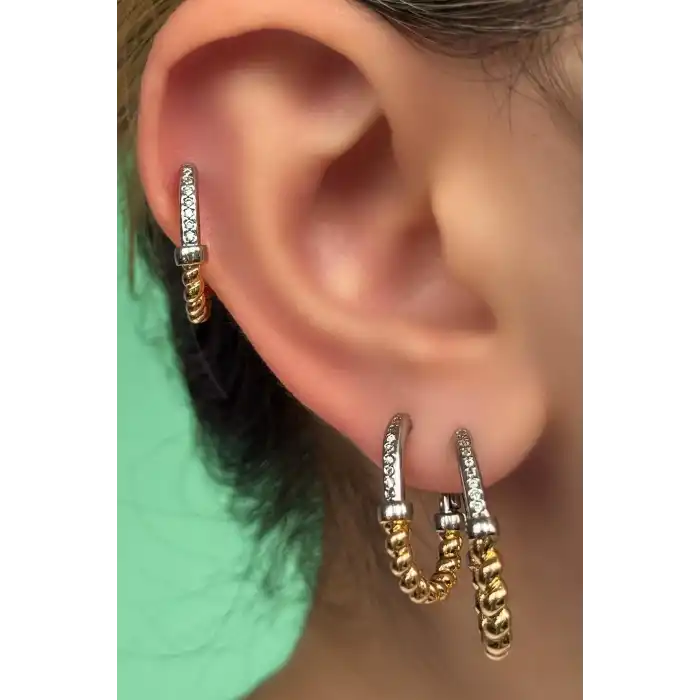 Gümüş Ve Altın Renk Taş Detaylı 3lü YSX Küpe Set