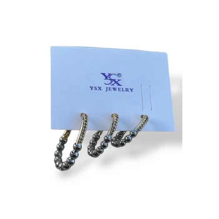 Gümüş Ve Altın Renk Taş Detaylı 3lü YSX Küpe Set