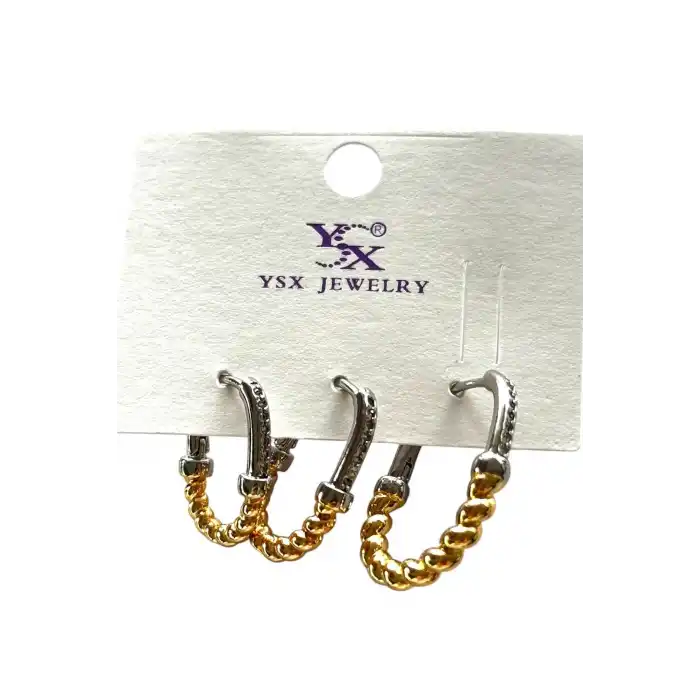 Gümüş Ve Altın Renk Taş Detaylı 3lü YSX Küpe Set