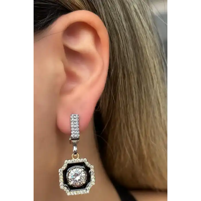 Gümüş Ve Altın Renk Taş Detaylı Küpe (Çift)