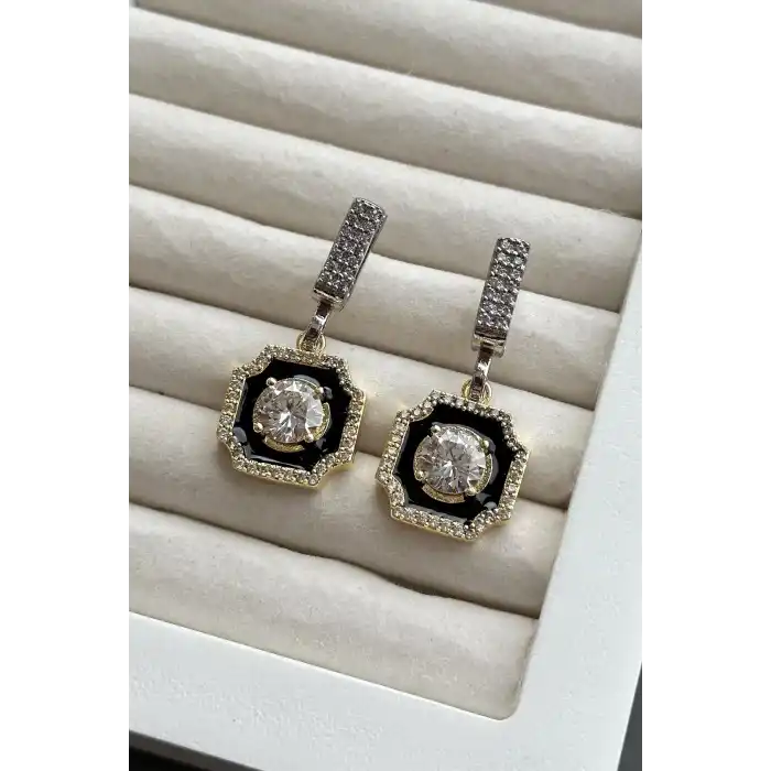 Gümüş Ve Altın Renk Taş Detaylı Küpe (Çift)