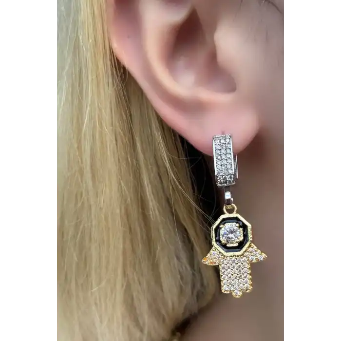 Gümüş Ve Altın Renk Taş Detaylı Küpe (Çift)