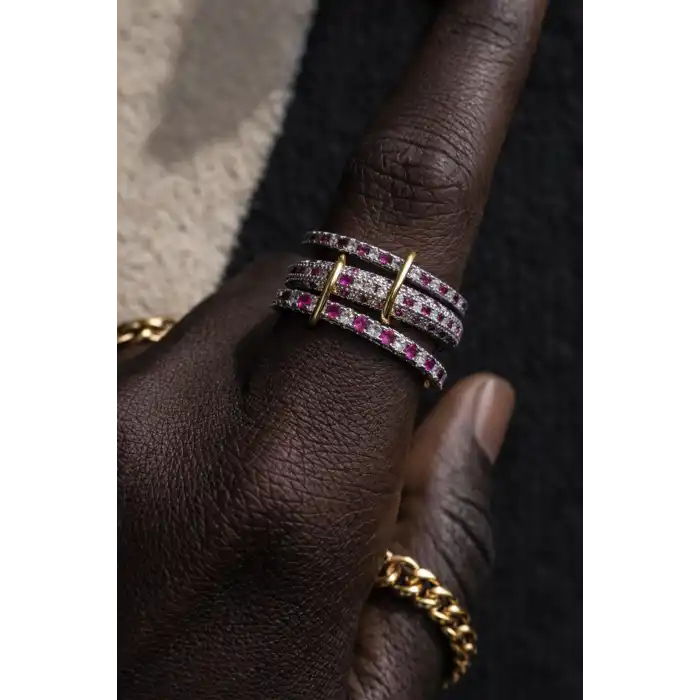 Gümüş Ve Bordo Renk Çoklu Halka Detaylı Taşlı Yüzük