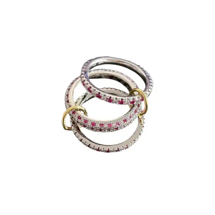 Gümüş Ve Bordo Renk Çoklu Halka Detaylı Taşlı Yüzük