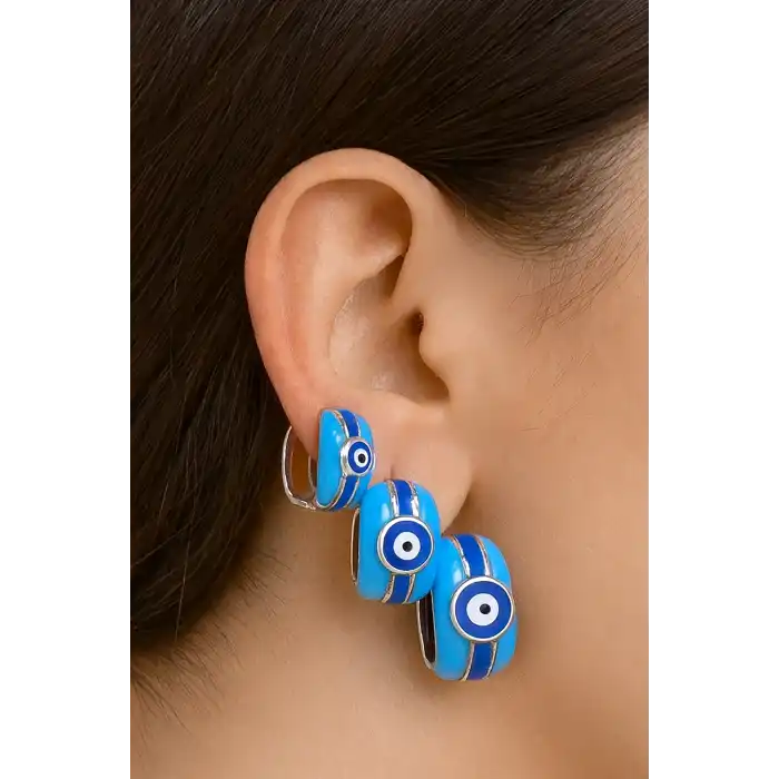 Gümüş Ve Mavi Renk Nazar Boncuk Figürlü 3lü YSX Küpe Set