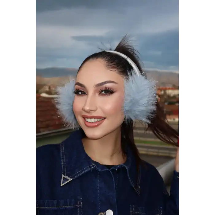 Gümüş Ve Mavi Renk Simli Peluş Kulaklık