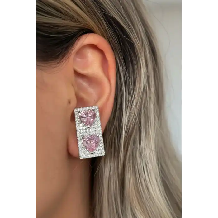 Gümüş Ve Pembe Renk Kalp Figürlü 14K Altın Kaplama TX Ear Cuff (Tek)