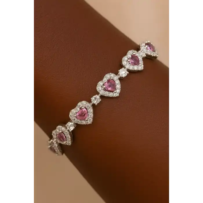 Gümüş Ve Pembe Renk Kalp Figürlü Tasarım Bileklik