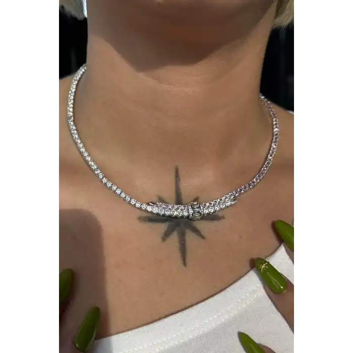 Gümüş Ve Pembe Renk Taş Detaylı 14K Altın Kaplama VİP Kolye