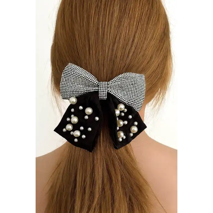 Gümüş Ve Siyah Renk İnci Ve Taş Detaylı Otomat Toka