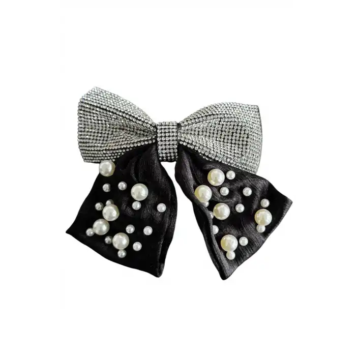 Gümüş Ve Siyah Renk İnci Ve Taş Detaylı Otomat Toka