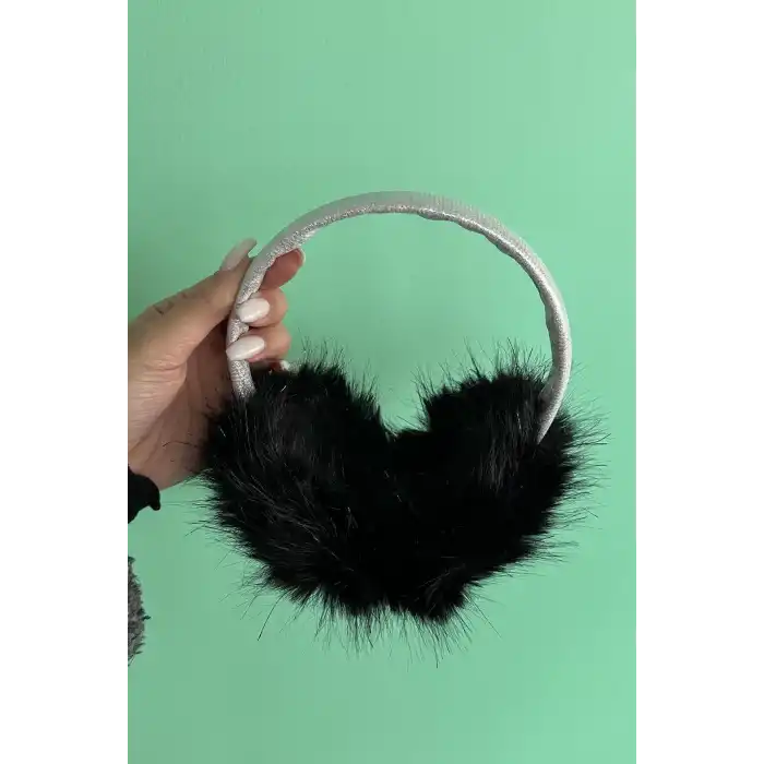 Gümüş Ve Siyah Renk Simli Peluş Kulaklık