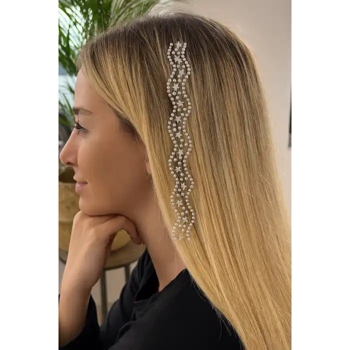 İnci Detaylı Yıldız Figürlü İnci Detaylı Saç Taşı/ Yapışkanlı İncili Saç Sticker