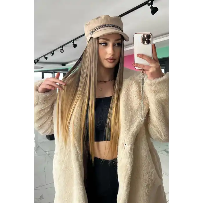 Isıya Dayanıklı Yarım Ay Saç Çıt Çıt / Düz / Kahverengi Sarı Ombreli / 70Cm / 140Gr (HT4T27#)