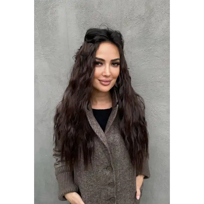Isıya Dayanıklı Yıkanabilir Yarımay ÇıtÇıt Saç 4#Kahverengi-Dalgalı-60Cm-110 Gr+2 Adet YanÇıtÇıtSaç