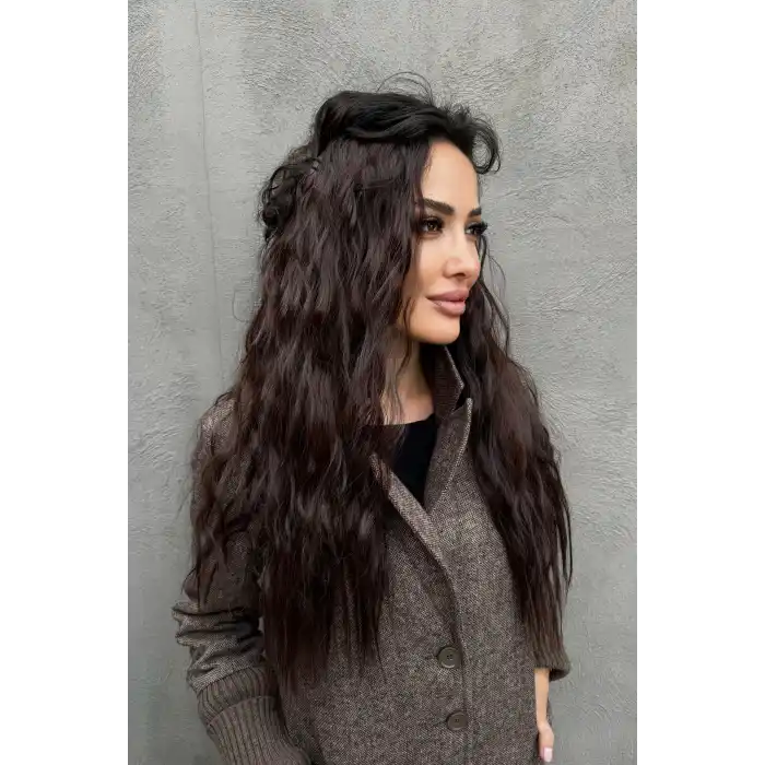 Isıya Dayanıklı Yıkanabilir Yarımay ÇıtÇıt Saç 4#Kahverengi-Dalgalı-60Cm-110 Gr+2 Adet YanÇıtÇıtSaç