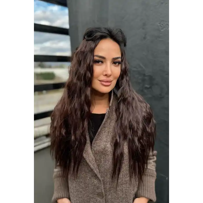 Isıya Dayanıklı Yıkanabilir Yarımay ÇıtÇıt Saç 4#Kahverengi-Dalgalı-60Cm-110 Gr+2 Adet YanÇıtÇıtSaç