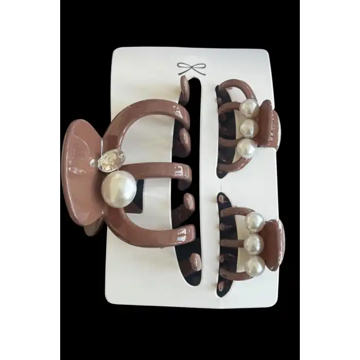 Kahve Renk İnci Detaylı 3lü Kemik Mandal Toka Set
