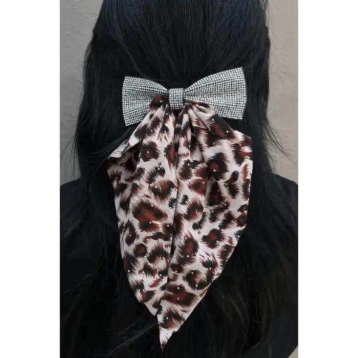 Kahve Renk Leopar Desenli Taş Detaylı Otomat Toka