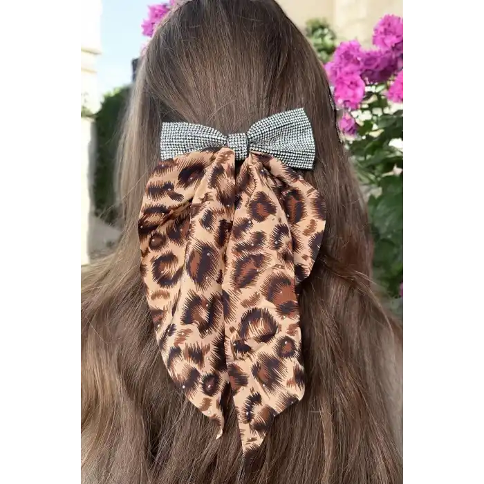 Kahve Renk Leopar Desenli Taş Detaylı Otomat Toka