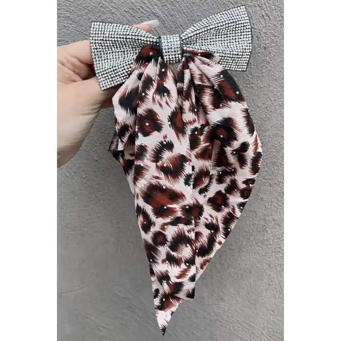 Kahve Renk Leopar Desenli Taş Detaylı Otomat Toka