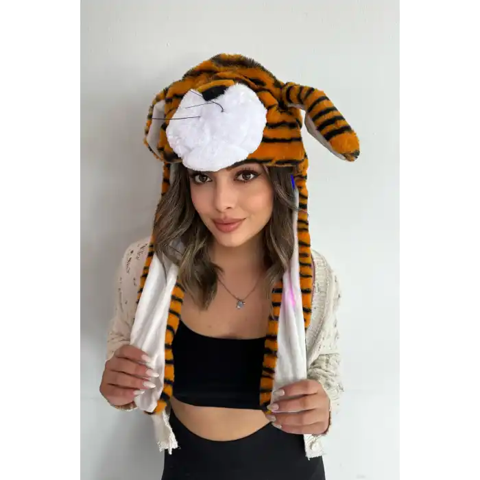 Kahverengi Kaplan Figürlü Işıklı Kulakları Oynayan Peluş Şapka