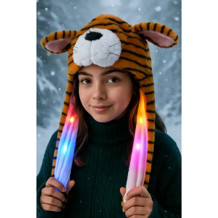 Kahverengi Kaplan Figürlü Işıklı Kulakları Oynayan Peluş Şapka