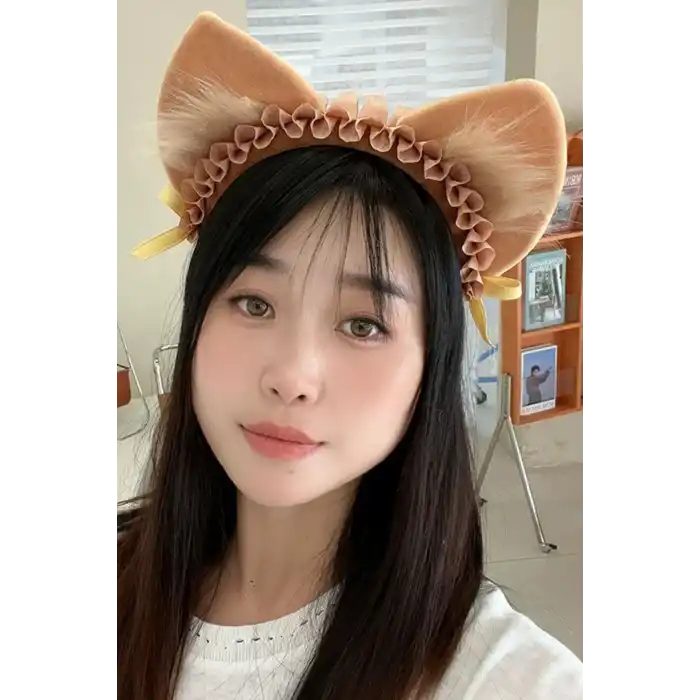 Kahverengi Kedi Kulak Detaylı Peluş Taç