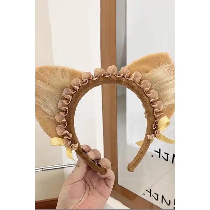 Kahverengi Kedi Kulak Detaylı Peluş Taç