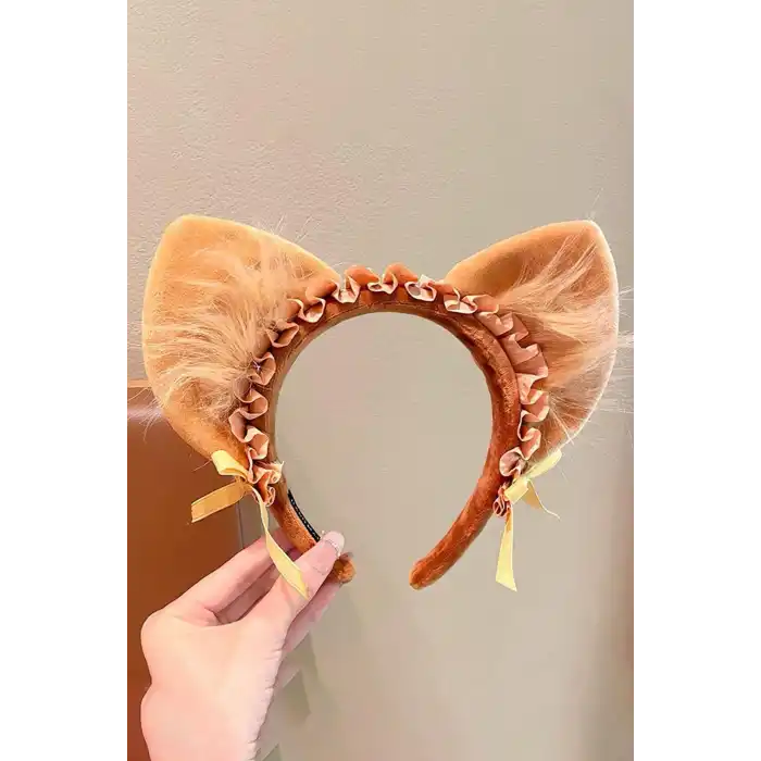 Kahverengi Kedi Kulak Detaylı Peluş Taç