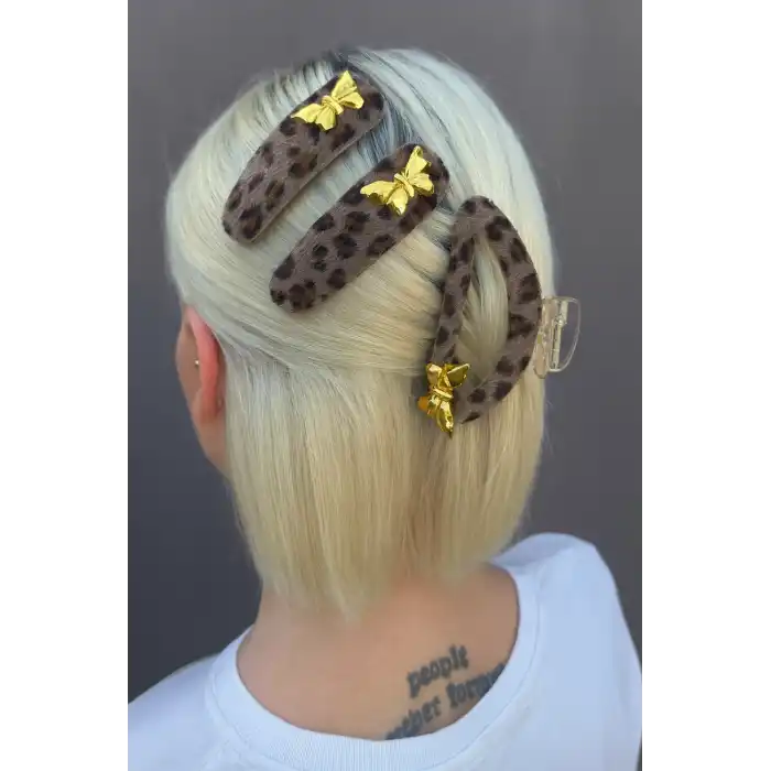 Kahverengi Kelebek Figürlü Leopar Desenli Mandal Toka Ve Yan Toka Set