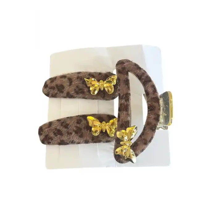 Kahverengi Kelebek Figürlü Leopar Desenli Mandal Toka Ve Yan Toka Set