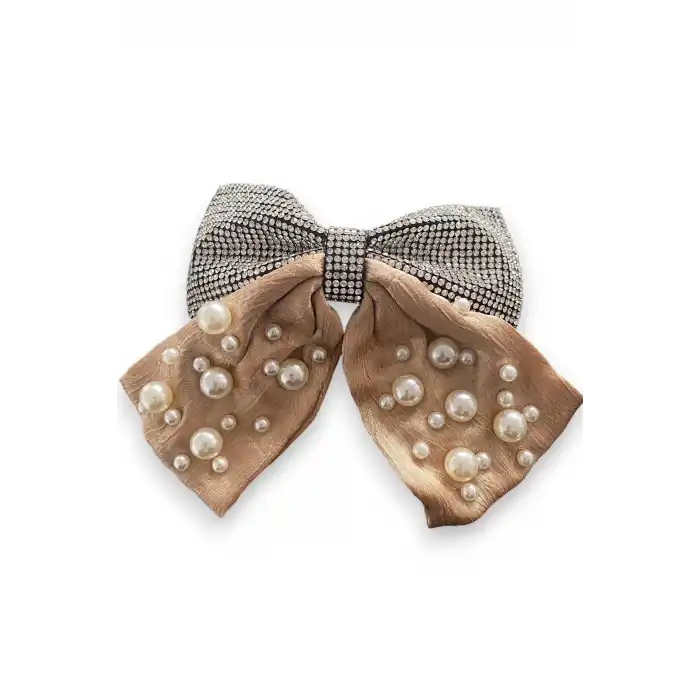 Kahverengi Kurdele Figürlü İnci Ve Taş Detaylı Otomat Toka