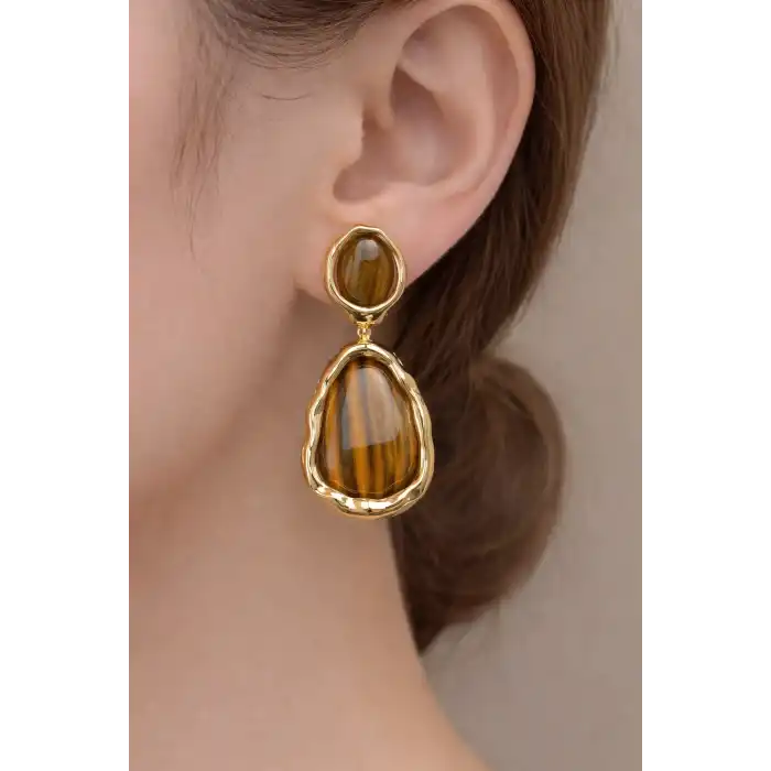 Kahverengi Sallantılı Metal Küpe (Çift)