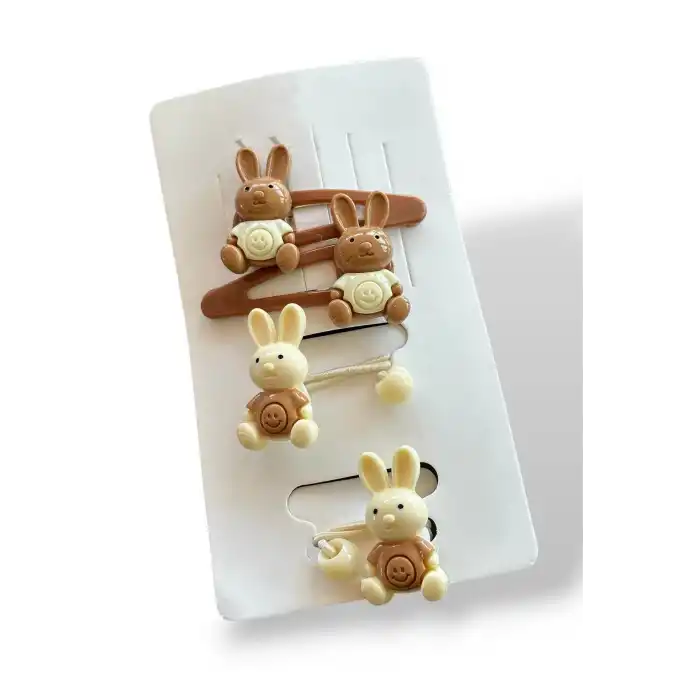 Kahverengi Tavşan Figürlü Yan Toka Ve Lastik Toka Set